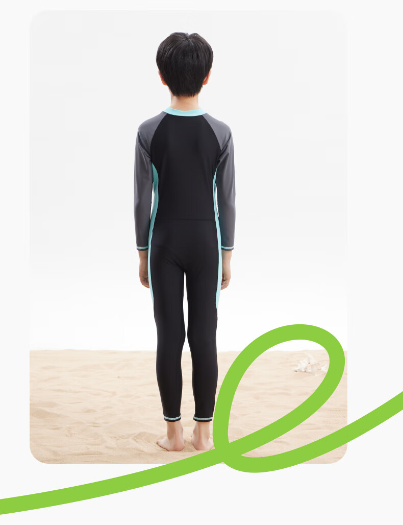 Li-Ning Children's One-Piece Long-Sleeve Swimsuit, Hot Spring Warmth Protection, Sun Protection, Boys' Surfing Suit, Training Swimwear, 8793 Black-Green, Size 150 12
