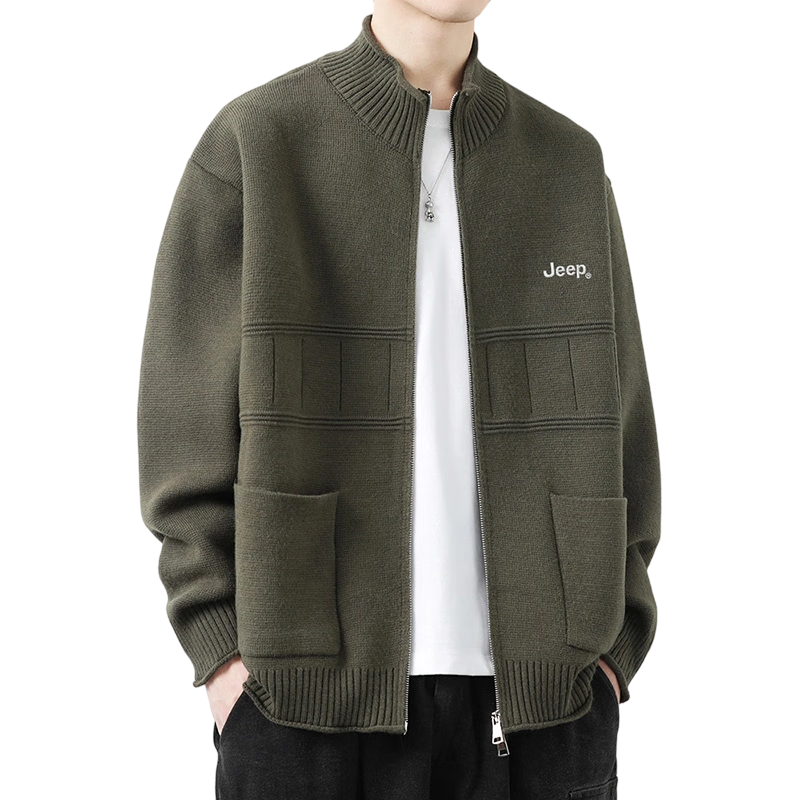 JEEP Men's Winter Thickened Cardigan Sweater Loose Fit Premium Knitwear Gray Green 2XL