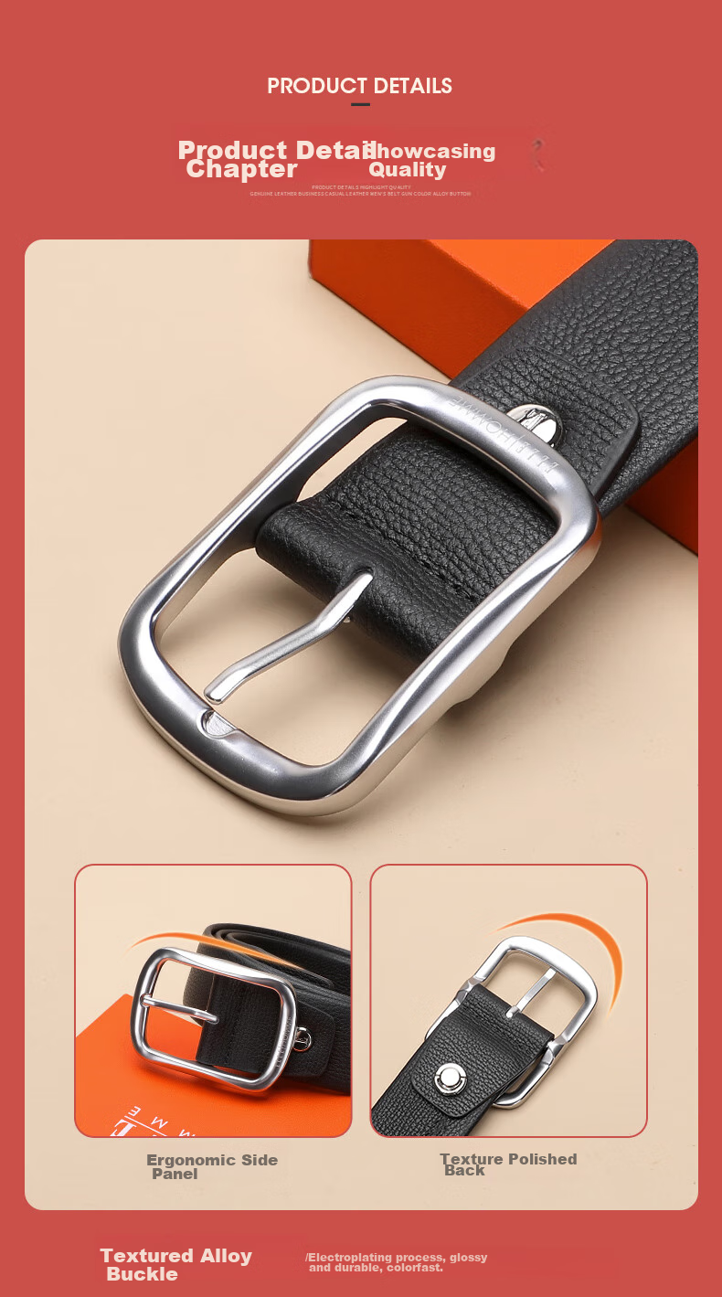 ELLE HOMME Men's Leather Belt with Pin Buckle, Top-Grain Cowhide Casual Trouser Belt for Men, Birthday Gift for Boyfriend 4