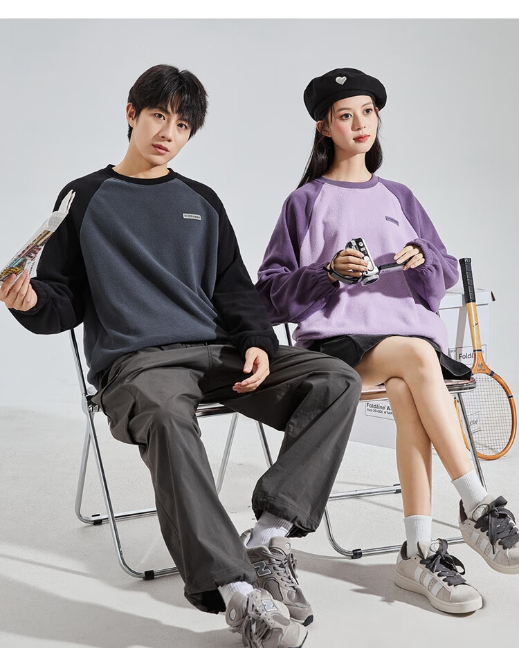 TonLion 2023 Couple's Matching Round Neck Raglan Sleeve Fleece Sweatshirt, Men's Style/black, S 9