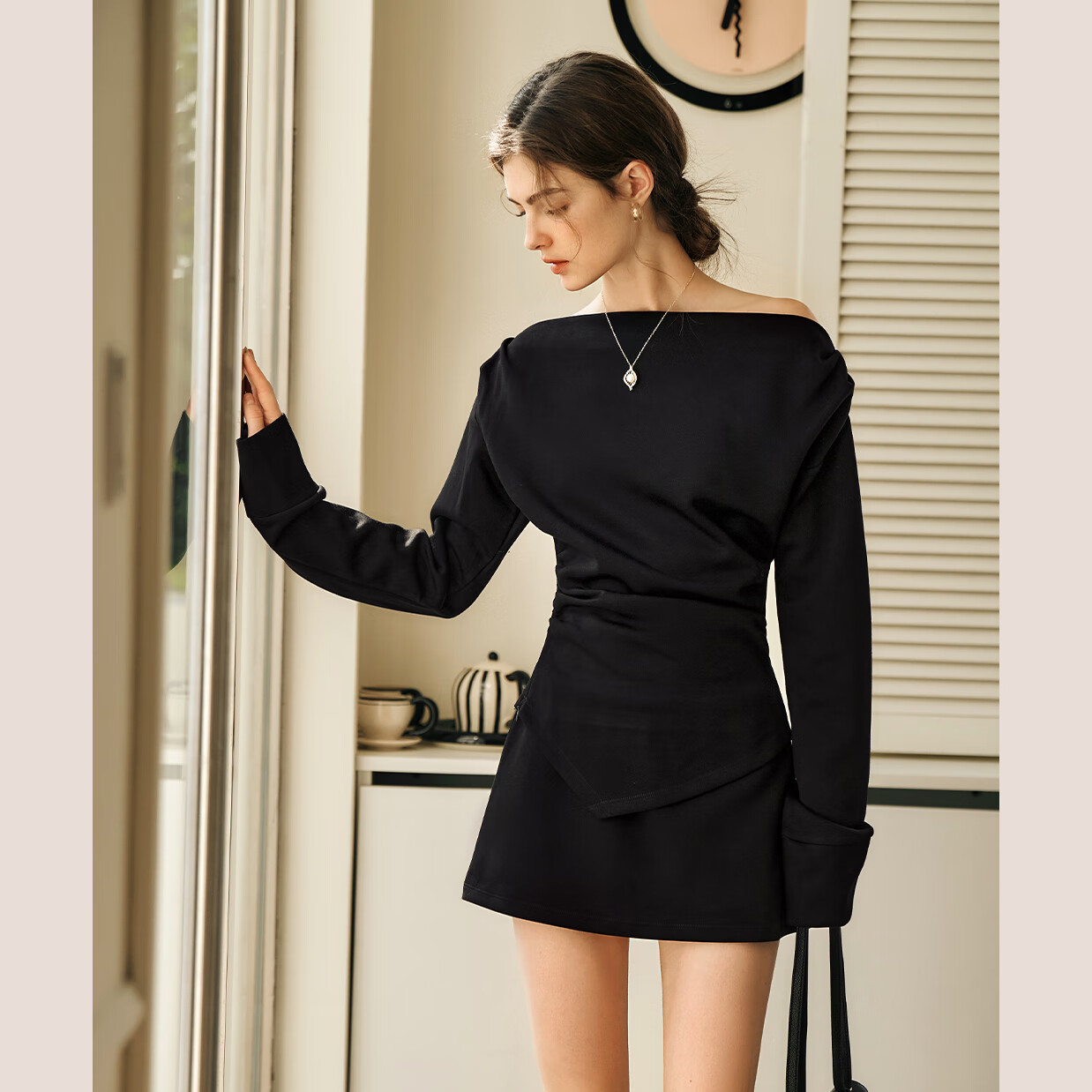 Oulain Fashion Set, Autumn Women's Wear, Off-Shoulder Irregular Two-Piece Suit, Professional Commute Style, Black, Size S