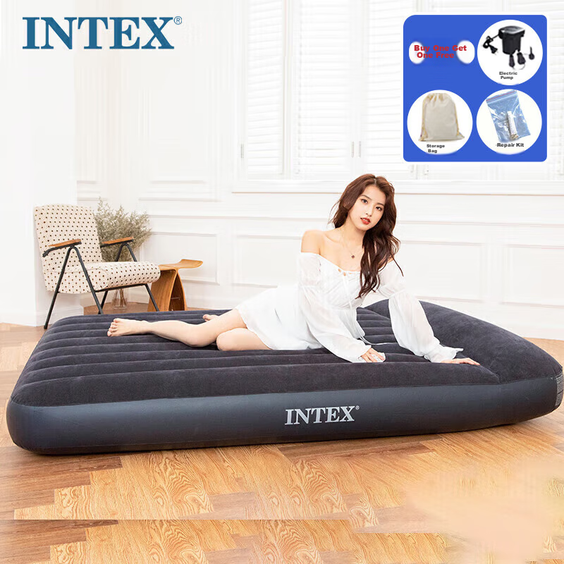 INTEX Double Large Inflatable Air Mattress with Built-In Pillow, Outdoor Camping Pad, Foldable Bed with Electric Pump 64143N