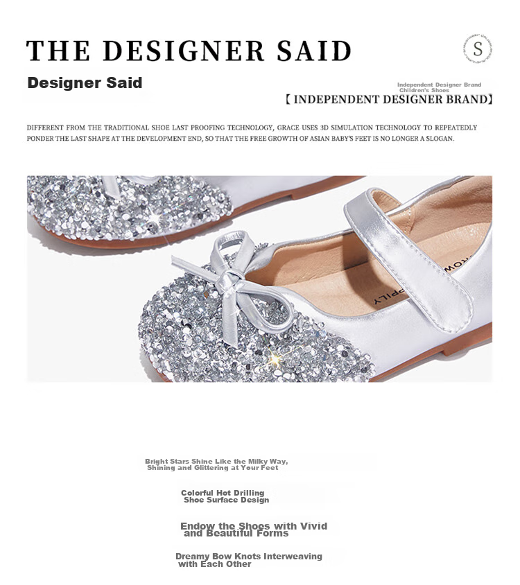 Snoffy Girls' Leather Shoes, Spring Children's Crystal Shoes, Shiny Diamond Princess Shoes, Comfortable Soft-Soled Flats for Little Girls, Moonlight Silver, Size 28 4