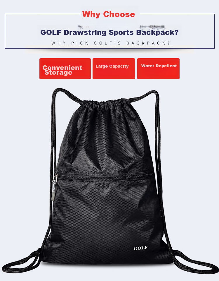 GOLF Water-Resistant Drawstring Backpack, Casual Sports Bag, Fashionable Multifunctional Lightweight Drawstring Bag with Drawstring Pocket, Black 5