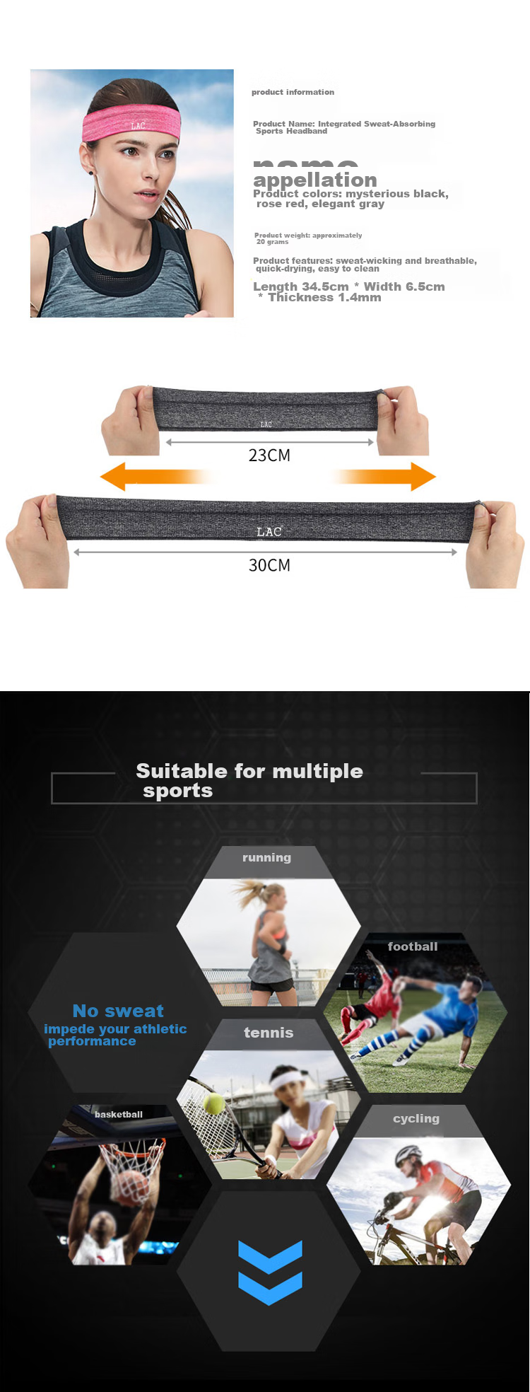 LAC Headband Sports Headgear for Men And Women, Forehead Protector for Running, Basketball, Fitness, Sweat-Directed, One Size Fits All, Black, 2-Pack 2