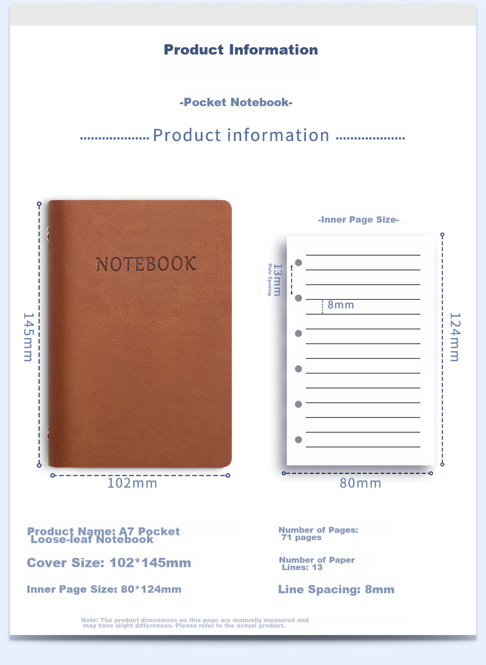 Jiaranheng A7 Loose-Leaf Notebook, Pocket-Sized Business High-Quality Portable Mini Notebook, Detachable Replaceable Inner Pages, Journal Notebook, Small Notepad, Customizable, Reddish-Brown Color 3