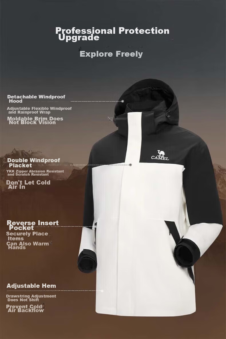CAMEL Hard Shell Fleece Jacket Three-In Thickened Mountaineering Suit 31150, Deep Night Purple Phantom Black, for Men And Women, XXL 6