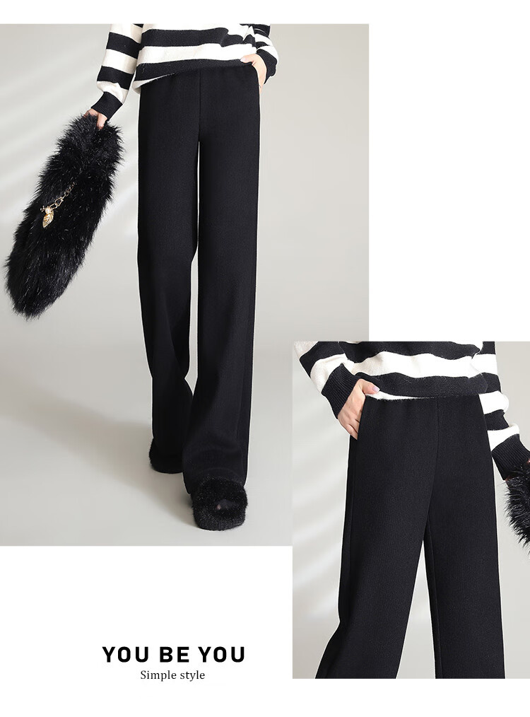 LOUISYAO Women's Winter Simple Solid Color High-Waist Fleece-Lined Thickened Straight-Leg Casual Pants Black 1 M 17