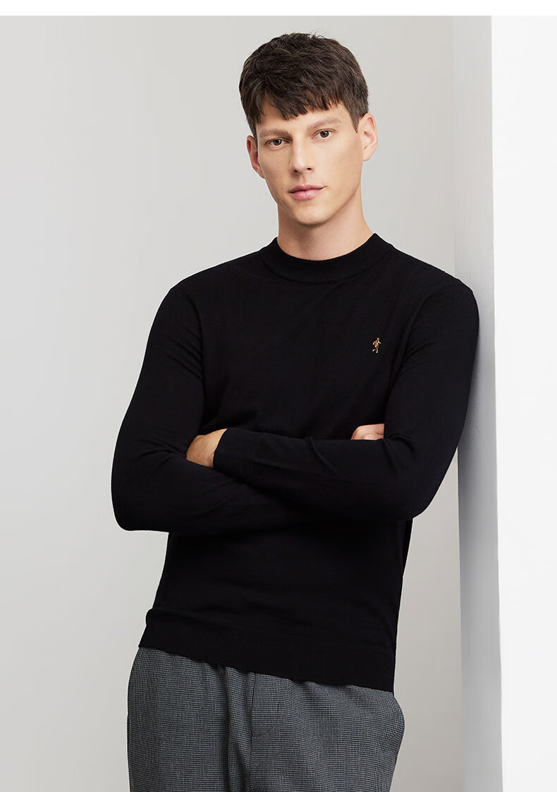 DANCING WOLVES Machine Washable Crew Neck Knitted Sweater Men's Autumn Winter Embroidered Warm Top 001 Black Size 185 1