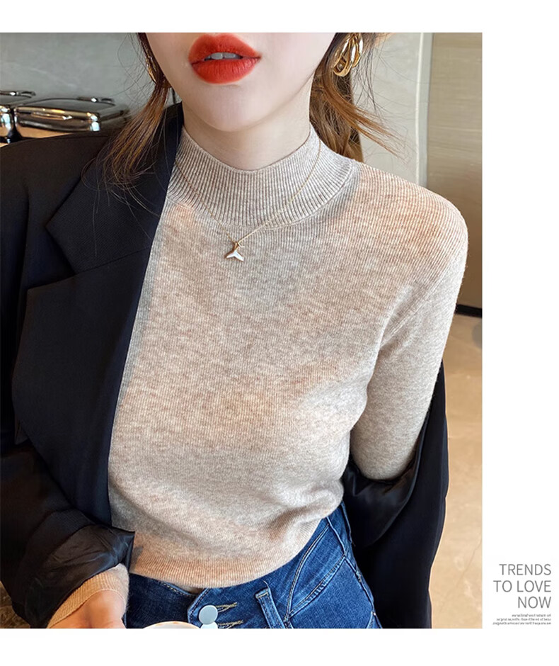 XUEXIMAN Semi-Turtleneck Base Layer for Women, Autumn And Winter Solid Color High-End Base Shirt, Versatile Slimming Knitted Sweater Suitable for Outer Wear 18