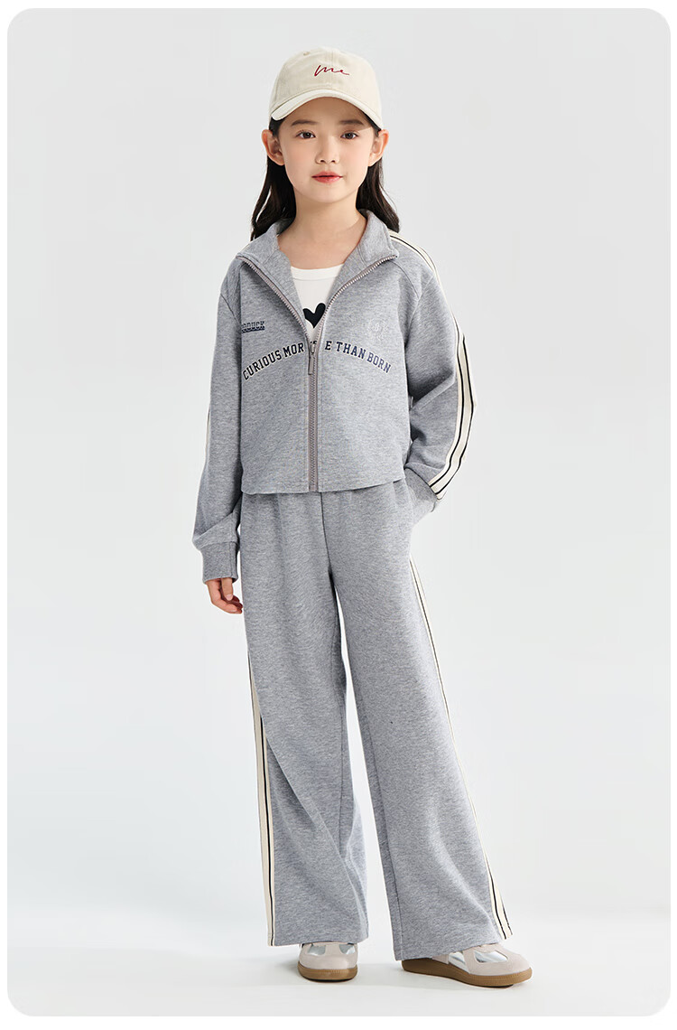 QQ DUCK Children's Clothing Set, Girls' Jacket And Pants, Korean Style Student Sportswear, Casual Light Gray; Size 140 1