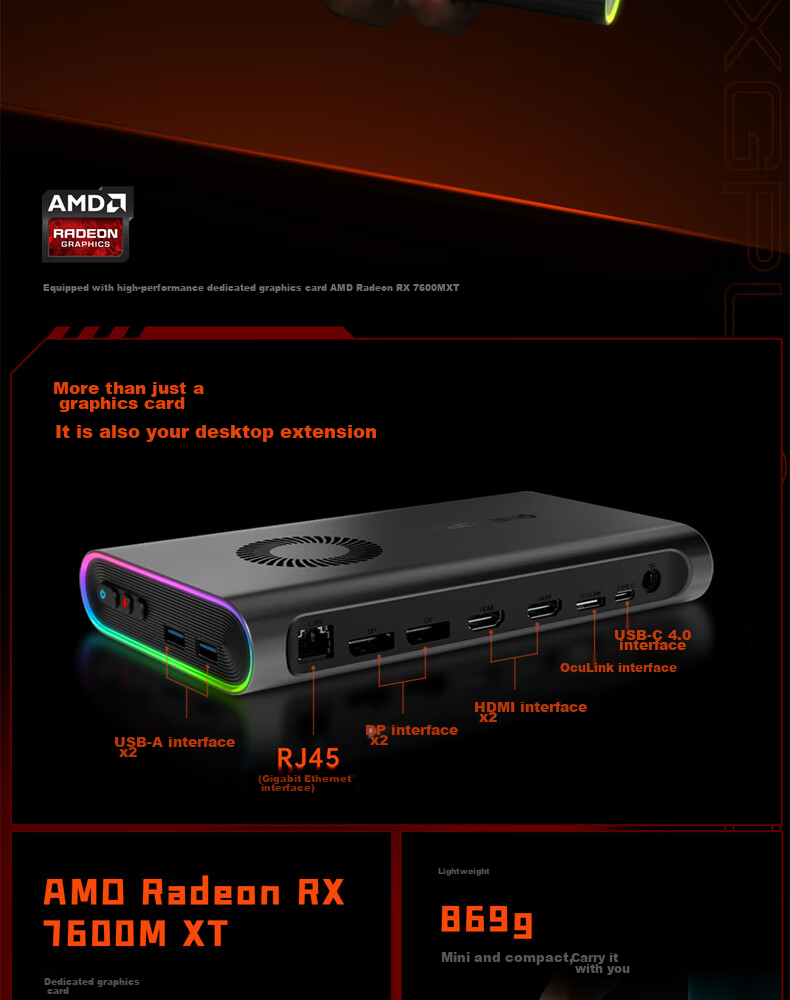 One XPlayer ONEXGPU Graphics Card Expansion Dock for Laptop, Tablet, PC Gaming Handheld, External AMD 7800M Independent Thunderbolt Graphics Card 3