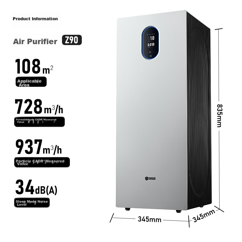 352 Air Purifier Removes Formaldehyde, Pollen, Bacteria, Cat Hair, Pets, TVOC Odors, Allergy Certified for New Homes, Tower-Style Dual Fan Z90