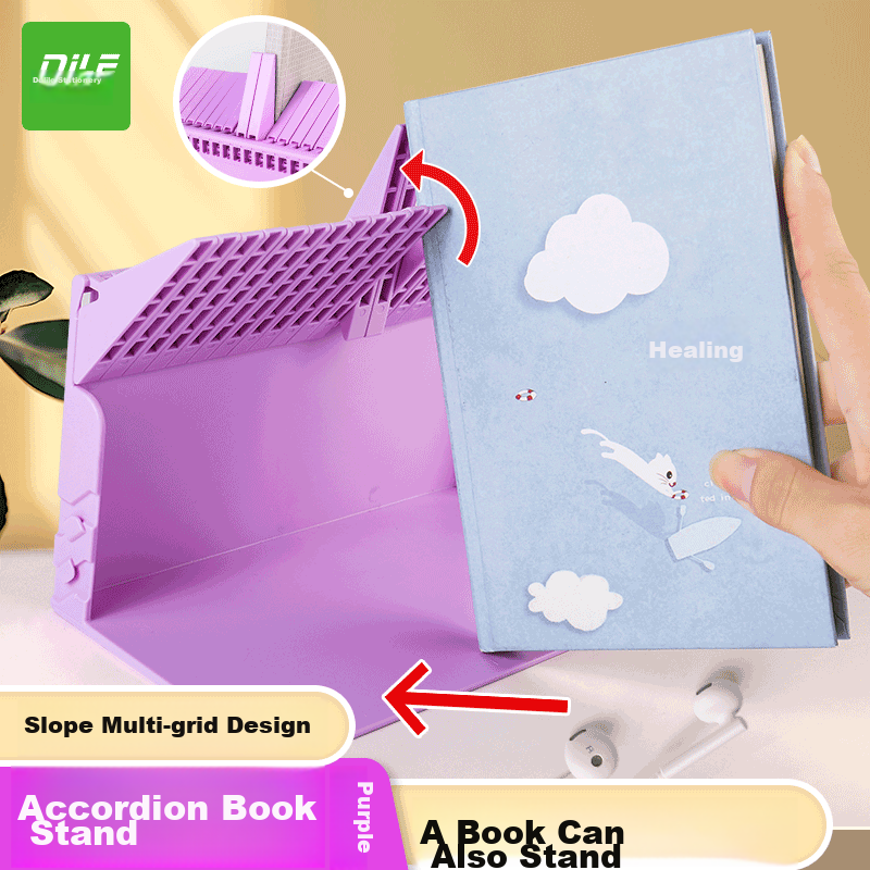 DiLe Accordion Bookend Reading Stand, Desktop Book Holder, Fixed Bookshelf for Desk, Student Storage Organizer with Book Clip And Partition, 9015 Purple