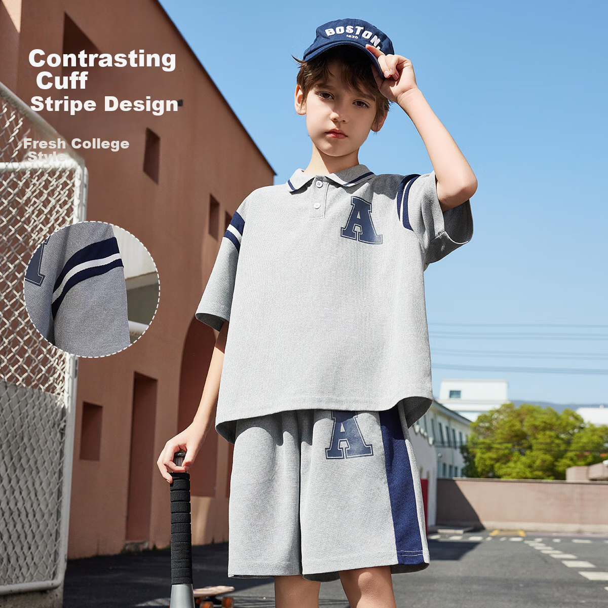 ASK JUNIOR Children's Outfit for Boys, Summer Breathable Preppy Style Polo Shirt And Loose Sports Shorts Two-Piece Set, Gray 2