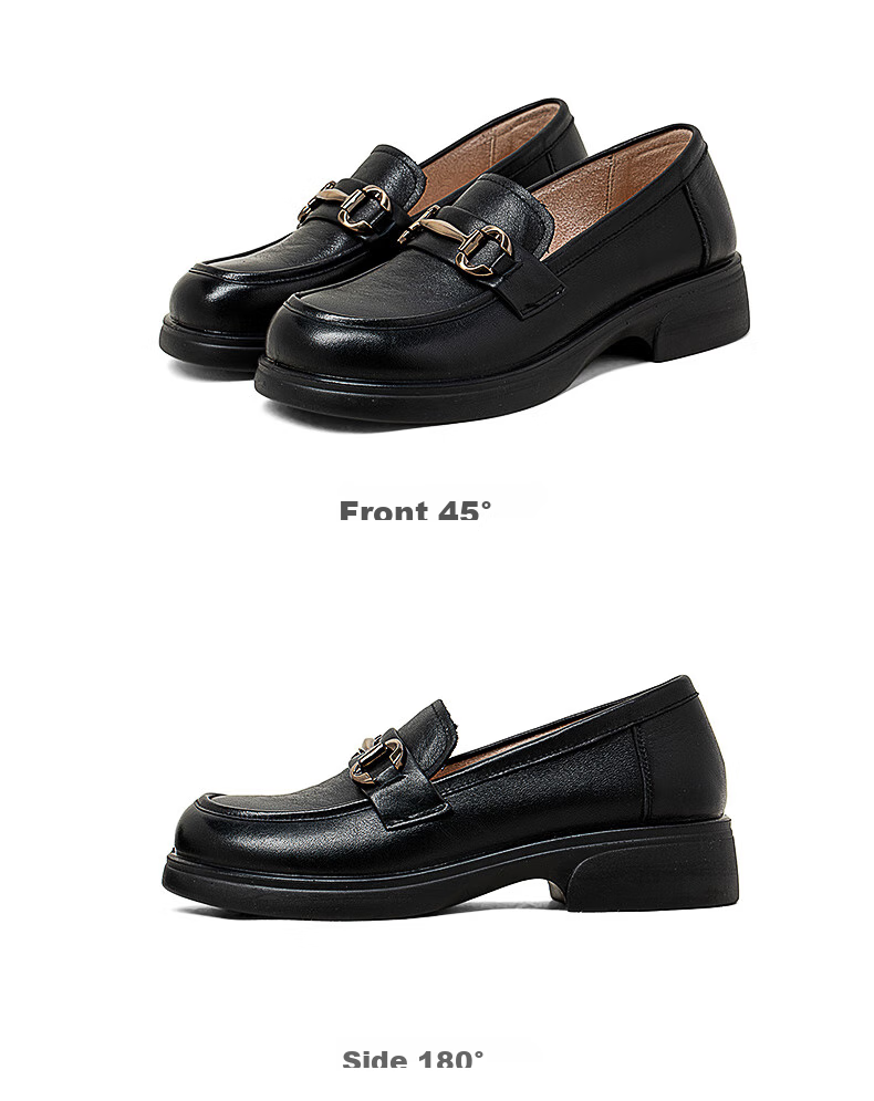COMELY Women's Loafers, Spring Season Women's Shoes, Cowhide Leather, Academic Style, Metal Buckle, Round Toe, Fashionable Versatile JK Leather Shoes, Black, Size 36 16