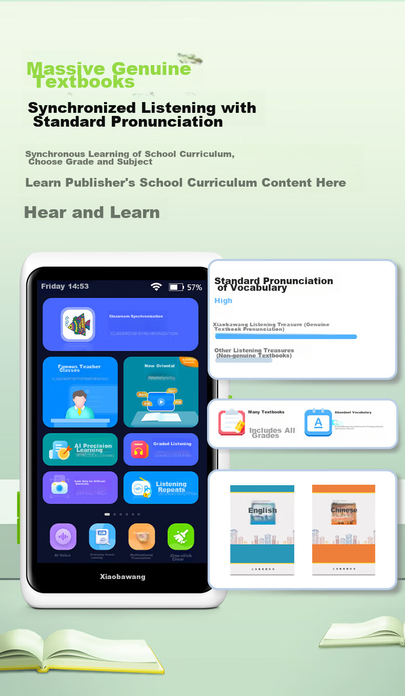 Xiaobawang Learning Machine Pocket Repeater, Audio Treasure for Primary, Middle And High School Synchronization, Portable Learning Machine V1+128G 5