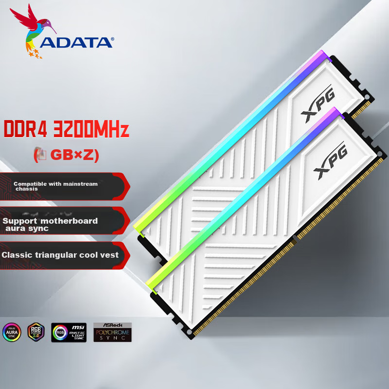 ADATA, 16GB (8GB*2) Kit, DDR4 3200MHz, Desktop Memory Module, XPG Longyao D35G, Matte White Gaming RGB Memory Module