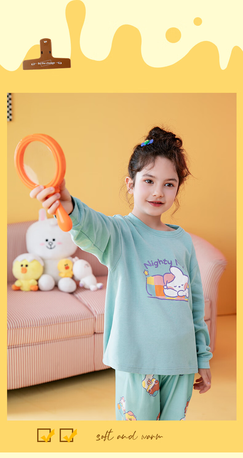 Fenteng Children's Pajamas, Girls' Brown Bear And Cony Rabbit Co-Branded Pure Cotton Sleepwear for Older Childre 37