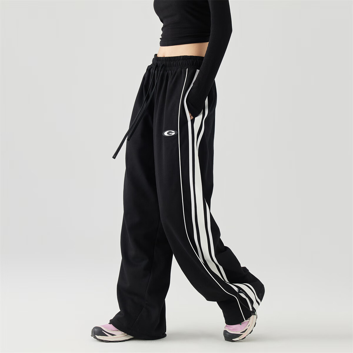 GOLFCROSS Couple's Style Side Contrast Striped Tape Loose Straight-Leg Floor-Length Draping Casual Pants, Black, XXL
