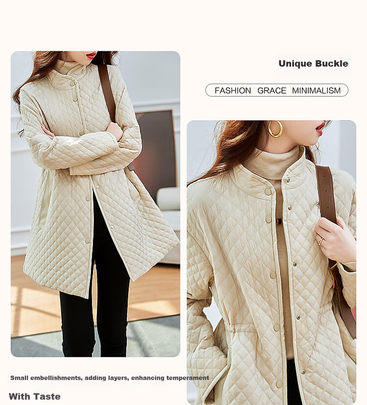 Dme [Quilted Diamond-Patterned Cotton Coat] Winter Stand-Collar Loose Drop-Shoulder Anti-Chafe Padded Jacket for Women, Mid-Length Style, Black, Size M 4