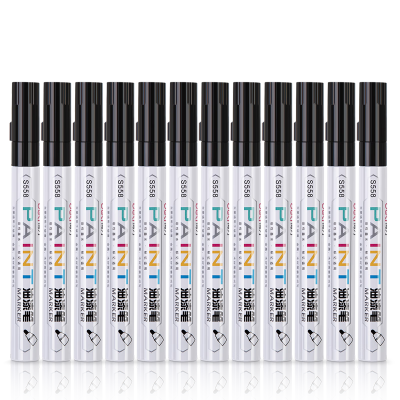 Deli 2.0mm Tire Repair Paint Marker Pen Highlighter Pen Signature Pen Check-In Hand-Drawing Graffiti Qingming Tomb-Sweeping Stone Inscription Pen Waterproof 12 Pcs S558 Black
