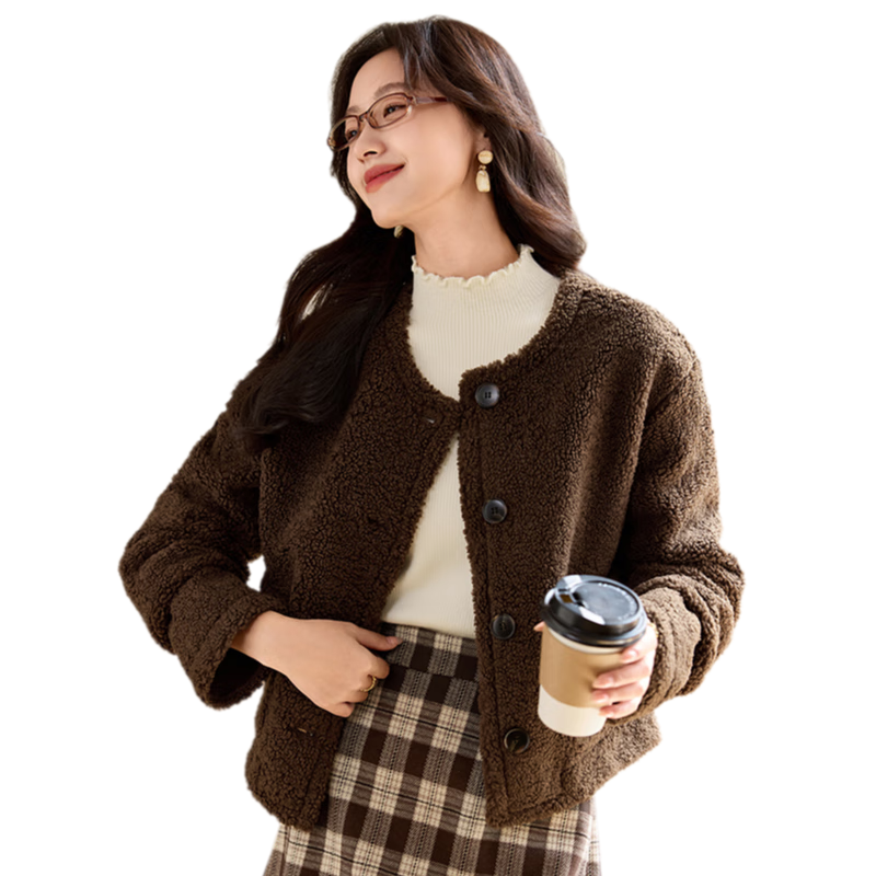 PinCai Women's Short Coat Lamb Wool Thickened Small Fragrance Style Petite High-End Short Jacket P144F6002