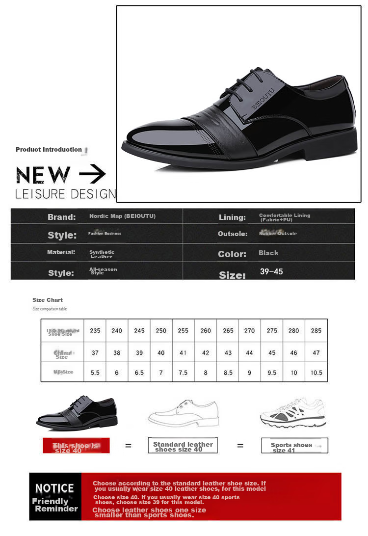 BEIOUTU Leather Shoes for Men, Business Formal Shoes, British Style Low-Cut Lace-Up Patent Leather Wedding Shoes, 2813 Black, Size 42 3