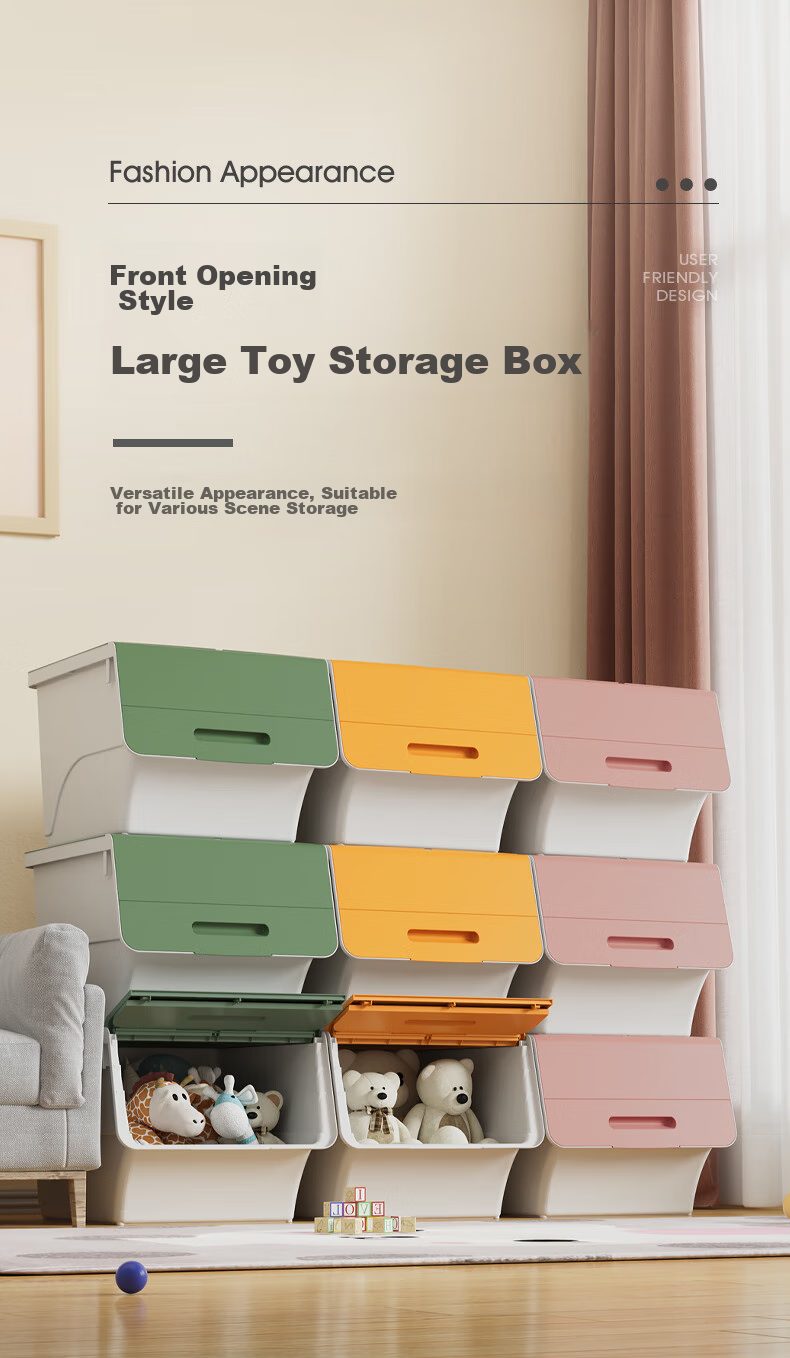 JEKO&JEKO Front-Opening Flip Lid Toy Storage Box, Children's Clothing Organizer, Snack Storage Container, 34L, Set of 3, Gree 1