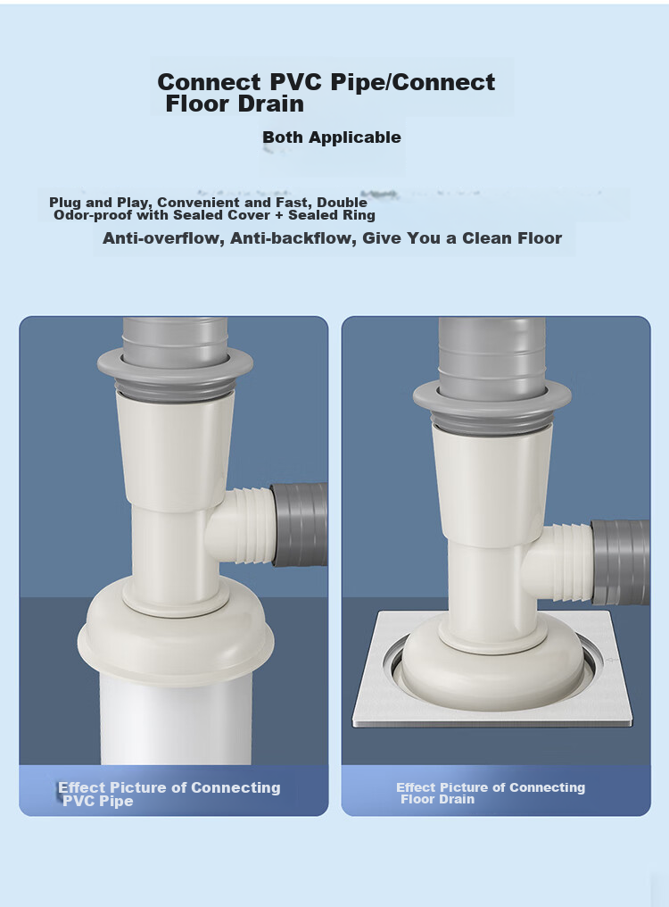 Larsd T16 Washing Machine Drain Pipe Tee Fitting, Anti-Odor Drainage Pipe Seal Ring Tee Two-I 5