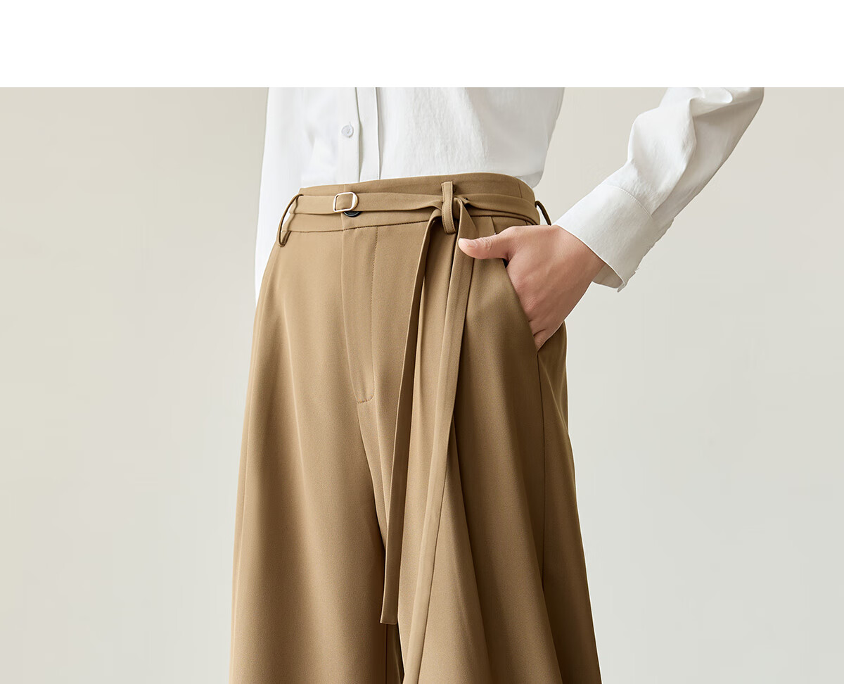 Chushen Women's Casual Pants with Belt Design, High-Waisted Slimming Wide-Leg Commuter Floor-Length Trousers S51X013 15