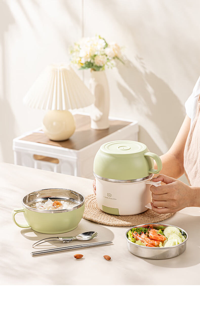 Guangyi 304 Stainless Steel Student Lunch Box, Fast Food Cup with Lid, Three-Layer Noodle Bowl, Comes with Spoon And Chopsticks, Green GY7353 18