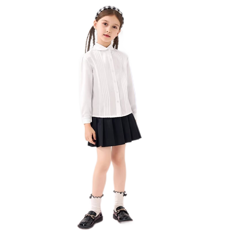 Luomeng Children's Shirt, Girls' Long-Sleeve Blouse, School Spring And Autumn Style, Fashionable Undershirt, White Pleated Long-Sleeve Shirt, Size 150