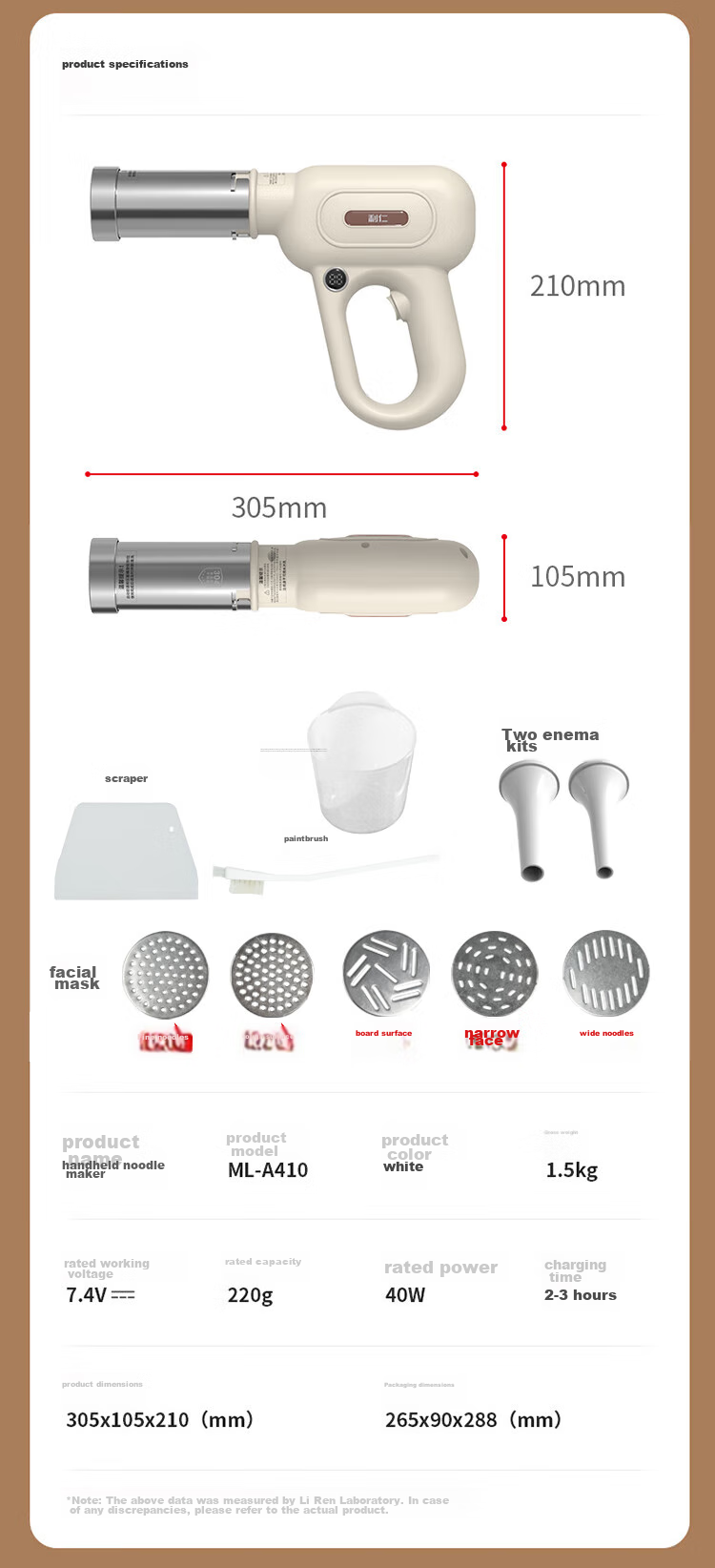 Liven Noodle Maker with Power Display, Home Automatic Wireless Handheld Pasta Press, Electric Youtiao Maker, Stainless Steel Noodle Machine with 5 Mold Types ML-A410 24