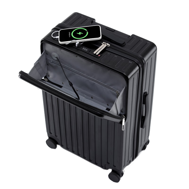 DULA Stylish Front-Opening Cup Holder Luggage Suitcase with USB Charging Port, Password Lock, Glossy Black, 24 Inches