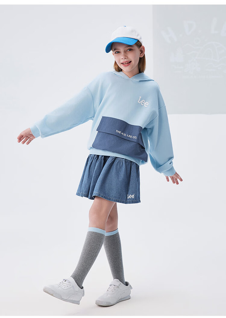Lee Kids Children's Clothing, Color Block Faux Denim Print Retro Fashion Hoodie, Sky Blue, Size 140 11
