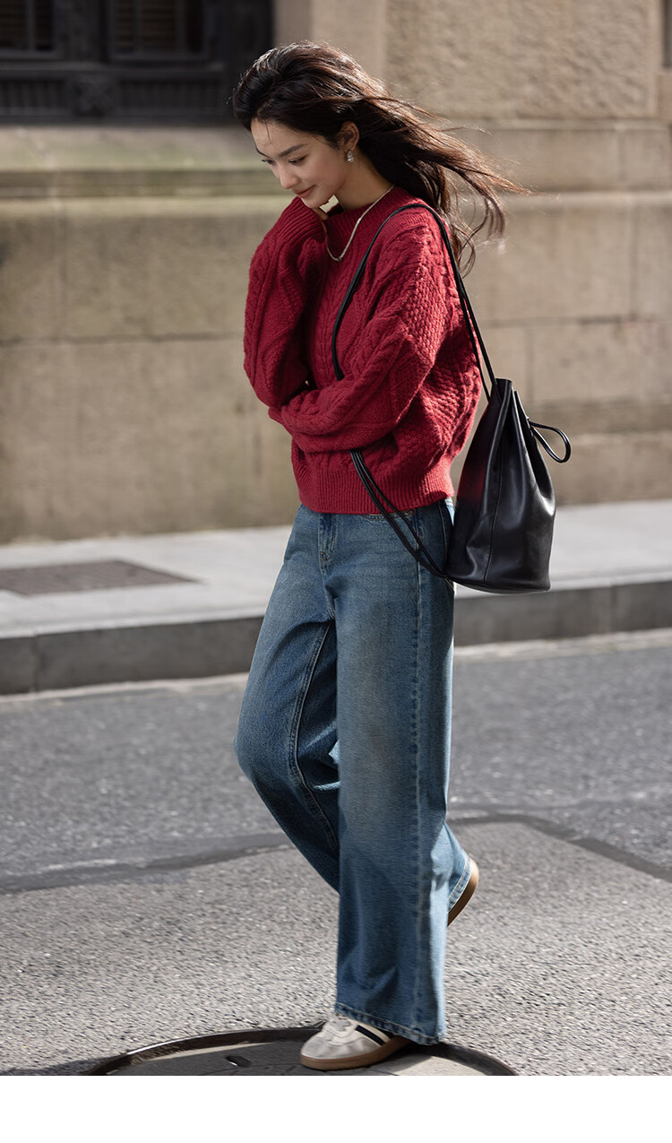Dme [Romantic Red Knit Sweater], Spring And Autumn Round Neck Pullover Cable Knit Long-Sleeve Warm Sweater for Wome 12