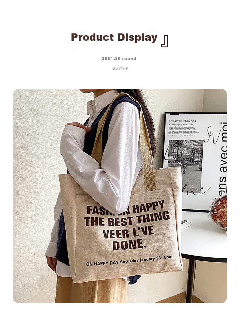 Siwangongli Canvas Bag, Large Capacity, Artistic Style for Women, Shoulder Bag, Fashionable Versatile Commuter Tote Bag with Letter Desig 10