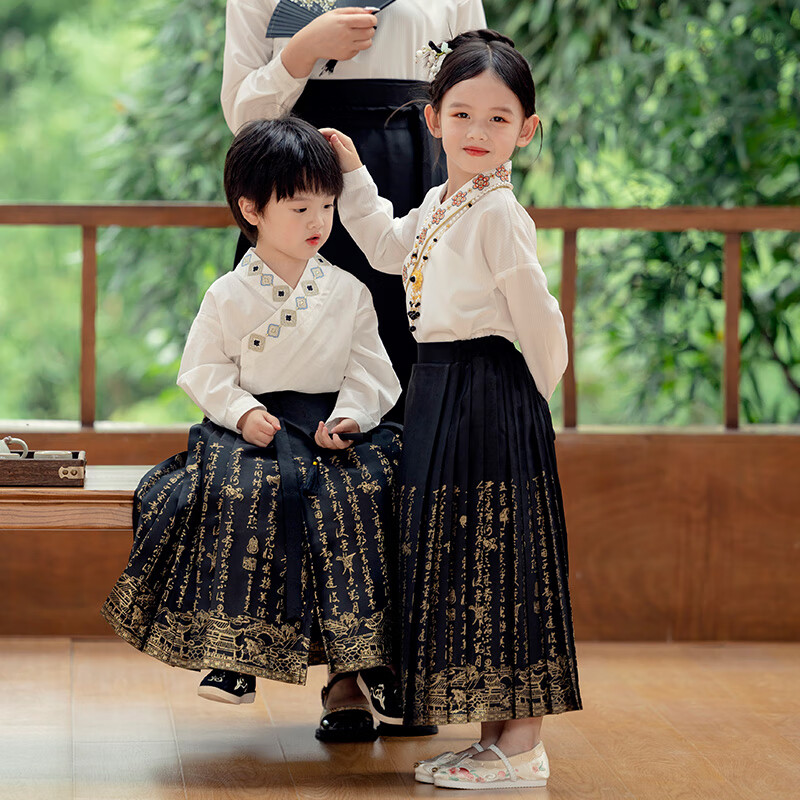 Menghu Will Drink Wine, Boys And Girls Know The Design of Horse-Face Skirt Spring And Autumn Style Children's Chinese-Style Black Horse-Face Skirt 130