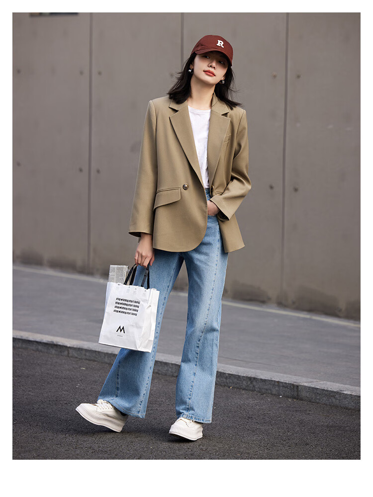 Dme [Turn-Down Collar Blazer] Spring Top, Curved Hem, Loose Suit Jacket for Women, Khaki, Size S 8
