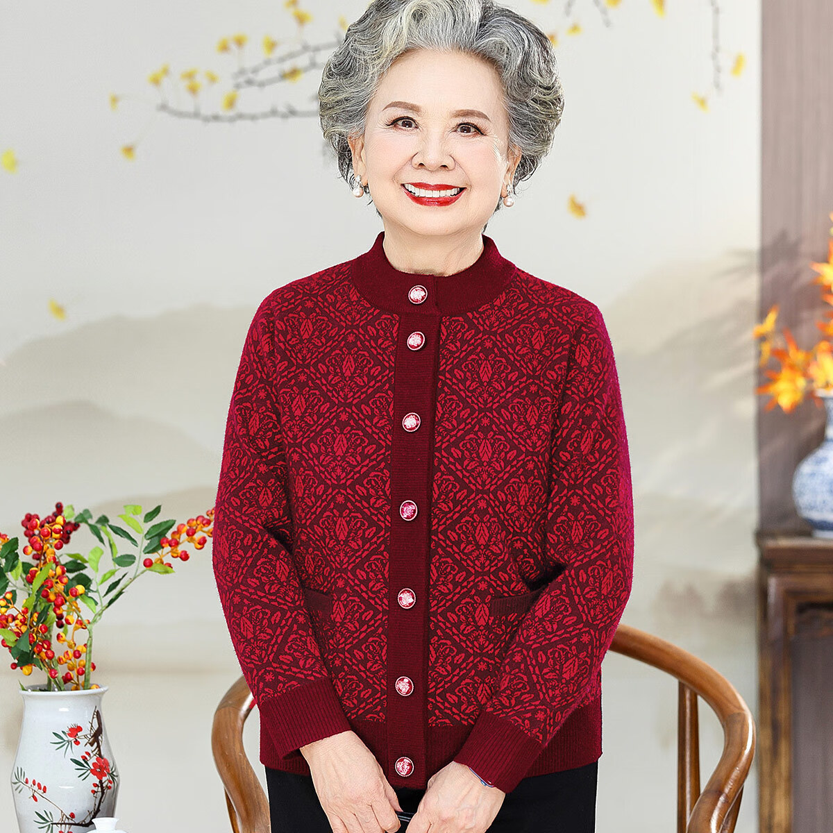 Datang Lady Thickened Knitted Cardigan Middle-aged and Elderly Women's Autumn Sweater Grandma Sweater Mom's Fashionable Elderly Clothing
