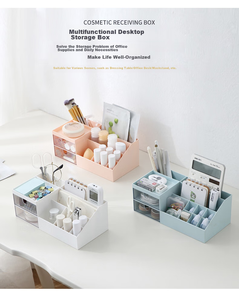 Jindeli Simple Desktop Pen Holder Storage Box, Multifunctional High-Value Light Luxury Drawer, Office Desk Stationery, Dormitory Office Supplies Organizer, Large Capacity Glacier Blue SN138 1