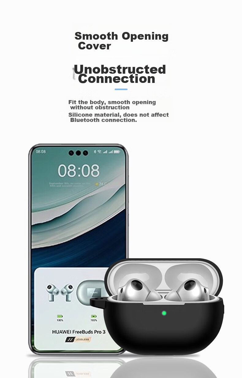 KMaxAI Protective Case for Huawei Freebuds Pro 4/3 Earphones with Hook, Silicone Soft Shell with Charging Case, Matte Finish, Simple Solid Color Design, Black 6