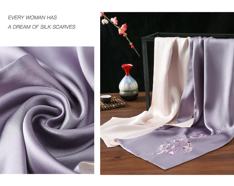 Shanghaigushi Silk Scarf for Women, Double-Layer Embroidery, 100% Mulberry Silk, Gift Box for Mom on Mid-Autumn Festival, Birthday Present, Purple And White 25