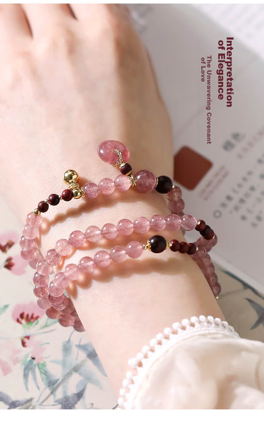 Fenghuangniepan Pink Crystal Bracelet with Peace Clasp, Multi-Layer Strawberry Quartz Bead Strand, Lucky Charm, Crystal Birthday Gift for Girlfriend Or Best Friend 4