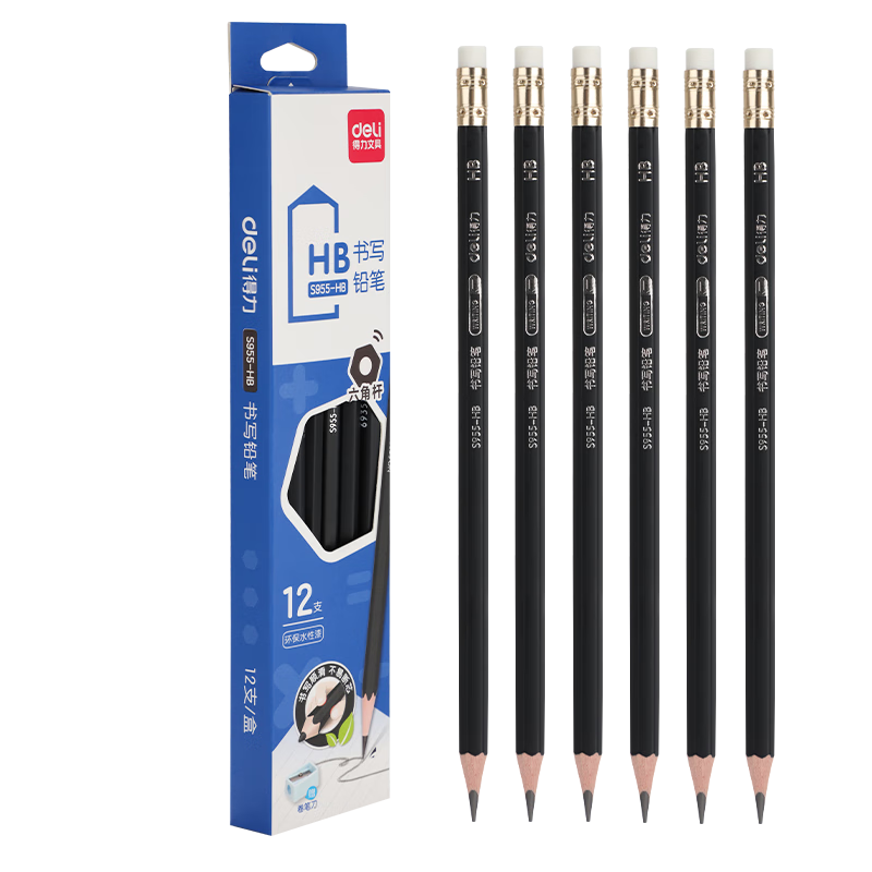 Deli 12-Color HB Black Barrel Office Leather Tip Writing Pencils (Black) (12 pcs/box) Drawing Doodle S955-HB Student School Stationery