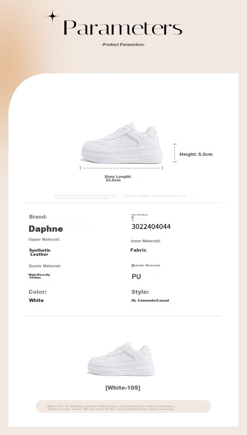 DAPHNE Thick-Soled White Sneakers for Women, 2026 New Popular Style, Casual Sports Shoes, Versatile Board Shoes for Women, White, Size 38 6