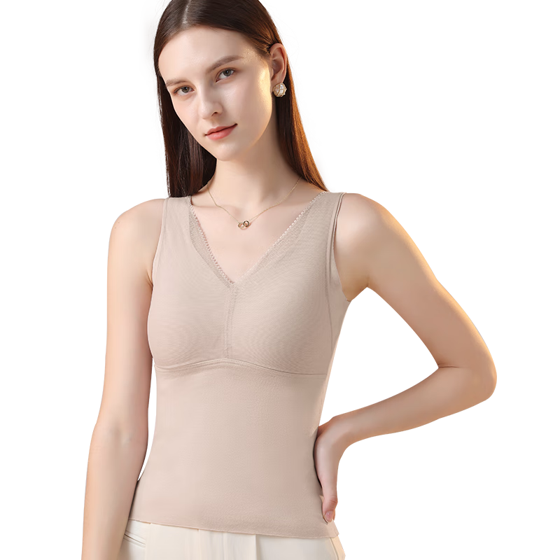 MiiOW Women's Cashmere And Nylon Thermal Vest with Built-In Bra Pads, Heat-Retaining Underwear, Lace Top, Coffee Color, 2XL