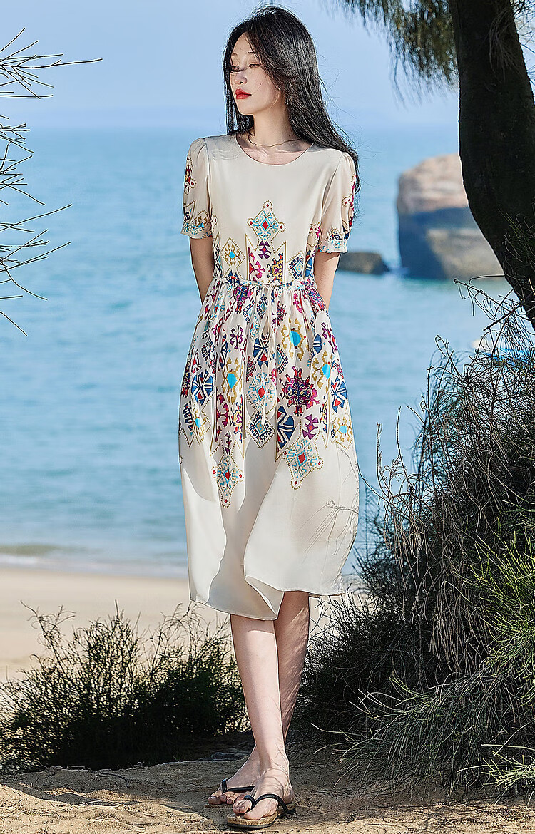 Dme [Romantic French Series] Lightweight, Flowing, Ethereal Atmosphere Non-Positionable Floral Print Mid-Sleeve Women's Dress 14