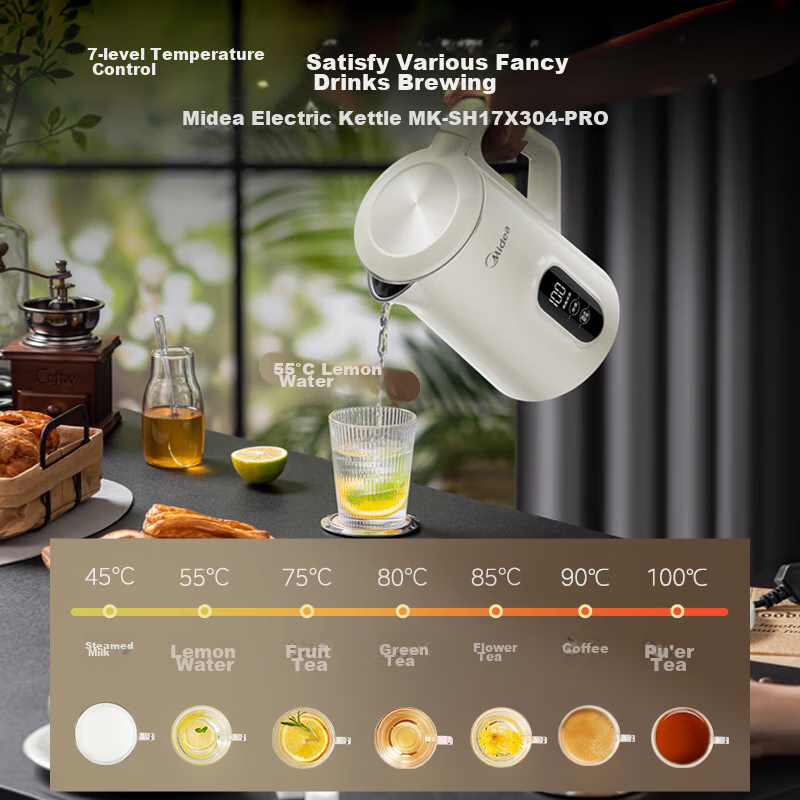 Midea Electric Kettle with Automatic Shut-Off And Temperature Control, 316L Stainless Steel, Baby-Safe Grade, 7 Temperature Settings, 1.7L Large Capacity, 17X304-PRO